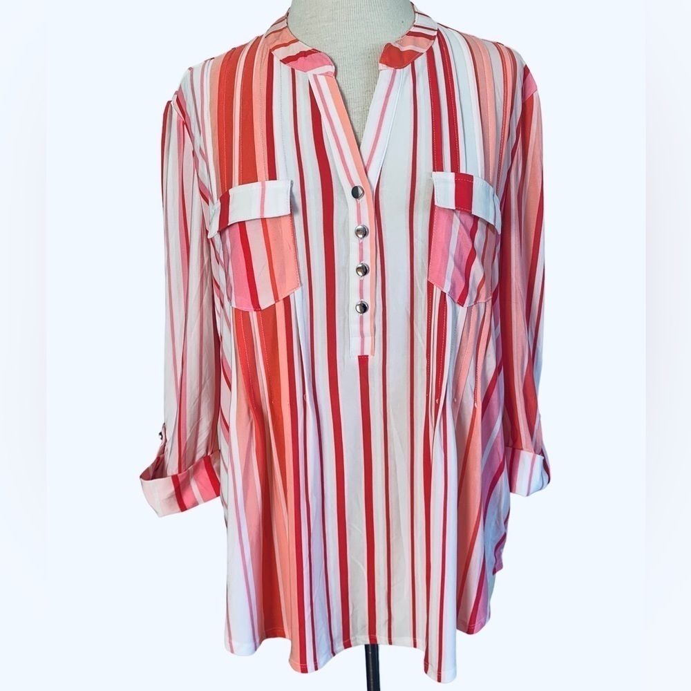 COCOMO XL Red Pink White women’s 3/4 sleeve Pintuck Blouse top tunic shi…